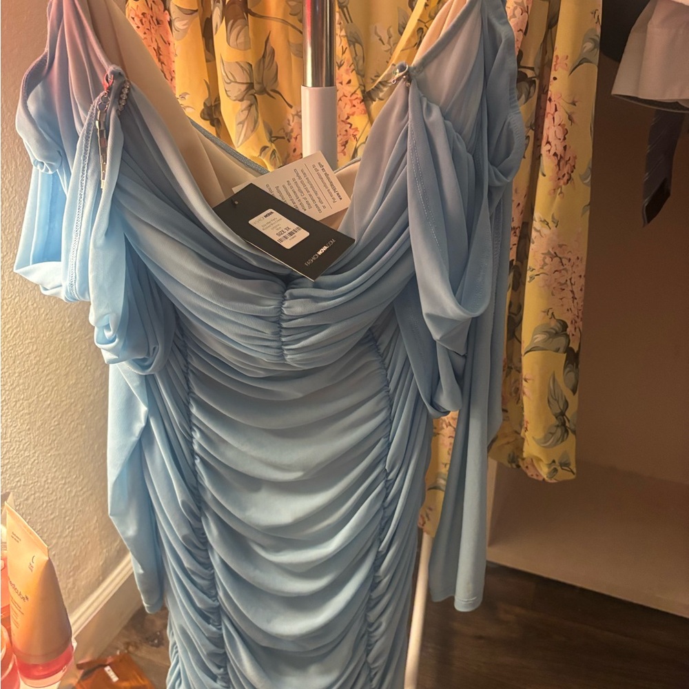 Fashion Nova Light Blue Ruched Midi Dress with Draped Neckline